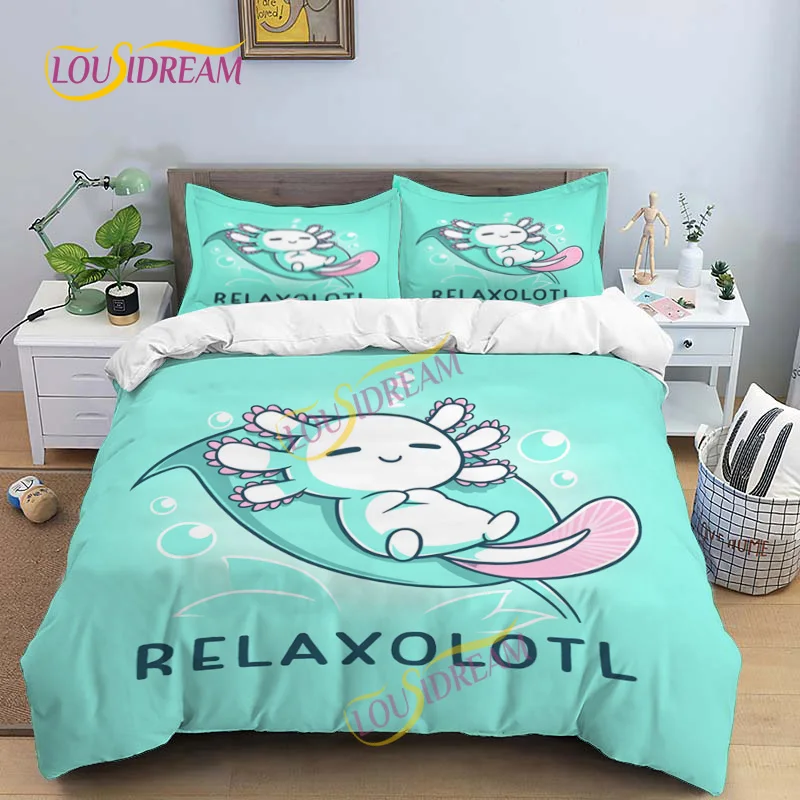 jejeloiu Kawaii Axolotl Capa de edredom 100% algodão desenho animado  Axolotl rosa roxo galáxia roupa de cama 100% algodão conjunto de animais 3D  para crianças microfibra salamandra conjunto de edredom decoração de