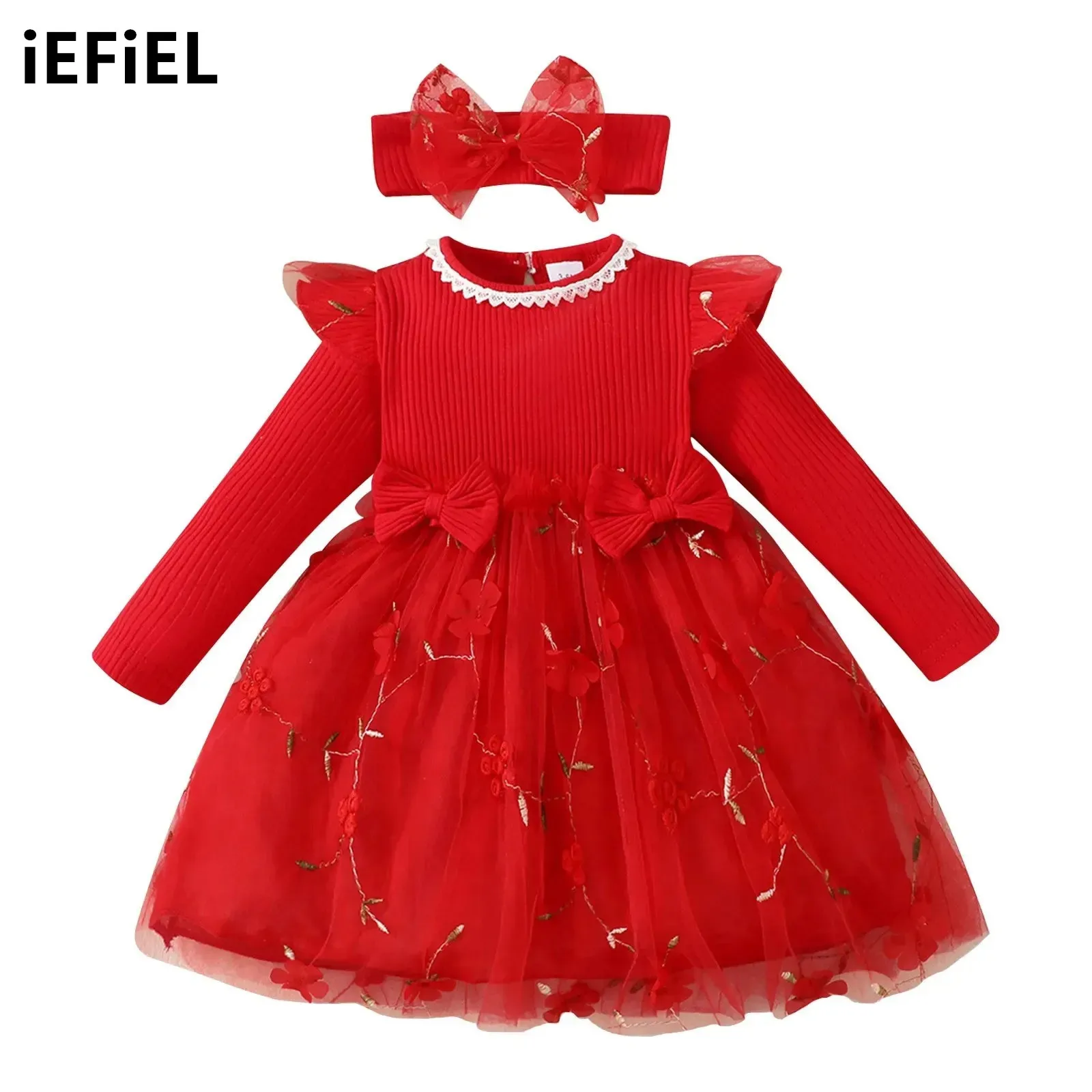 

Toddler Girls Party Dress Outfit Soft Cotton Long Sleeve Rib Knitted Top Floral Bowknot Mesh Tulle Dress with Headband Set
