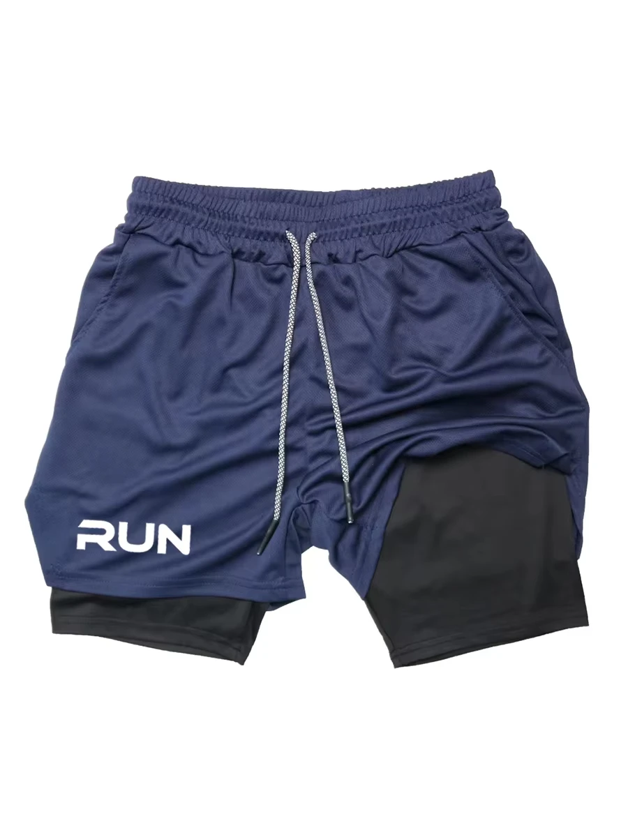 RUN Printed Men's 2-in-1 Running Shorts Gym Exercise Fast Drying Compression Sports Shorts