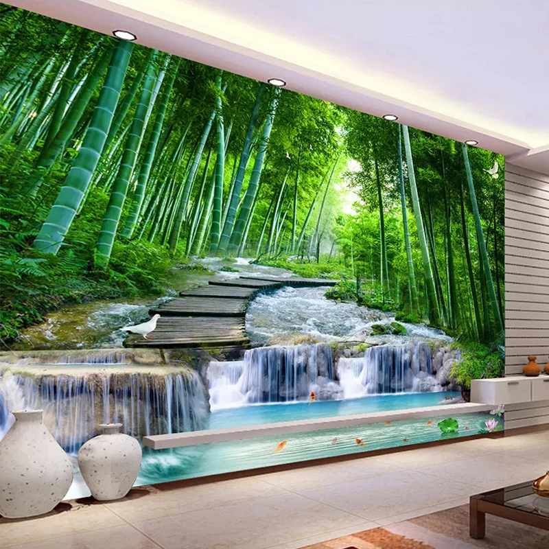 

Custom 3D Photo Wallpaper Wall Painting Living Room Bedroom Bamboo Forest Wooden Bridge Stream Water Mural De Parede Waterfall