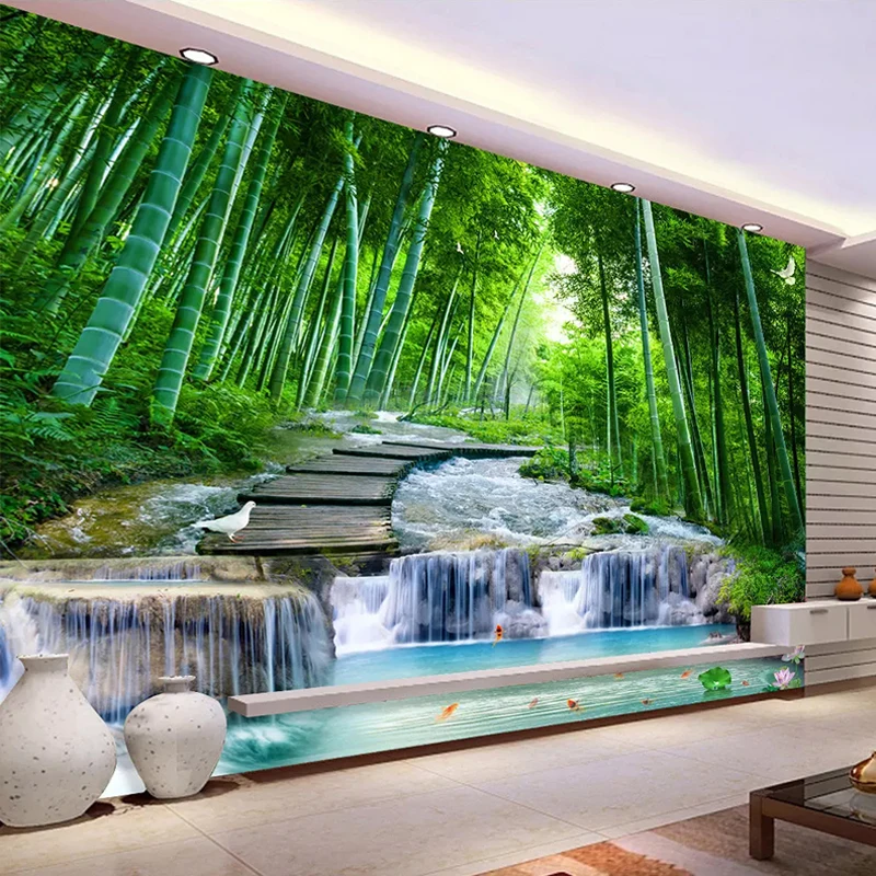 Papel de Parede 3d Personalizado Pintura de Parede Sala Quarto Floresta de Bambu Ponte de Madeira Córrego Água Mural Cachoeira