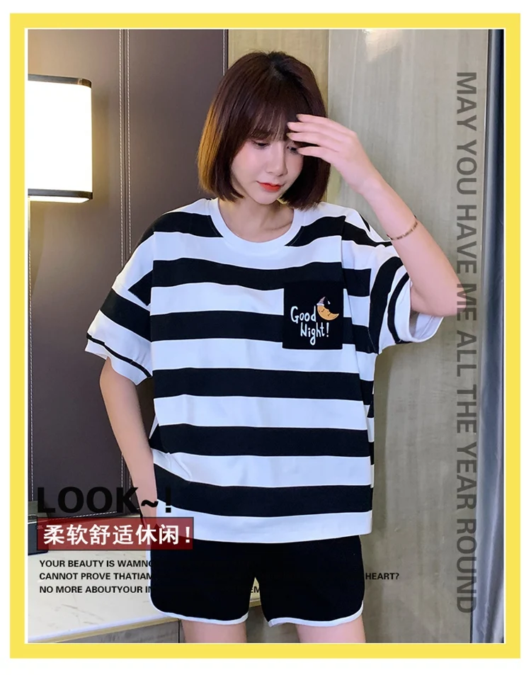 2022 Summer Casual Striped Short Sleeve Shorts Cotton Pajama Sets for Women Korean Loose Sleepwear Homewear Pijama Mujer Clothes best pajamas for women