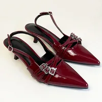 2025 Fashion Pointed Toe Ladies Medium Heels Pumps Shoes Female Shallow Slingbacks Footwear Wine Red Women Heels Shoes Big Size 1