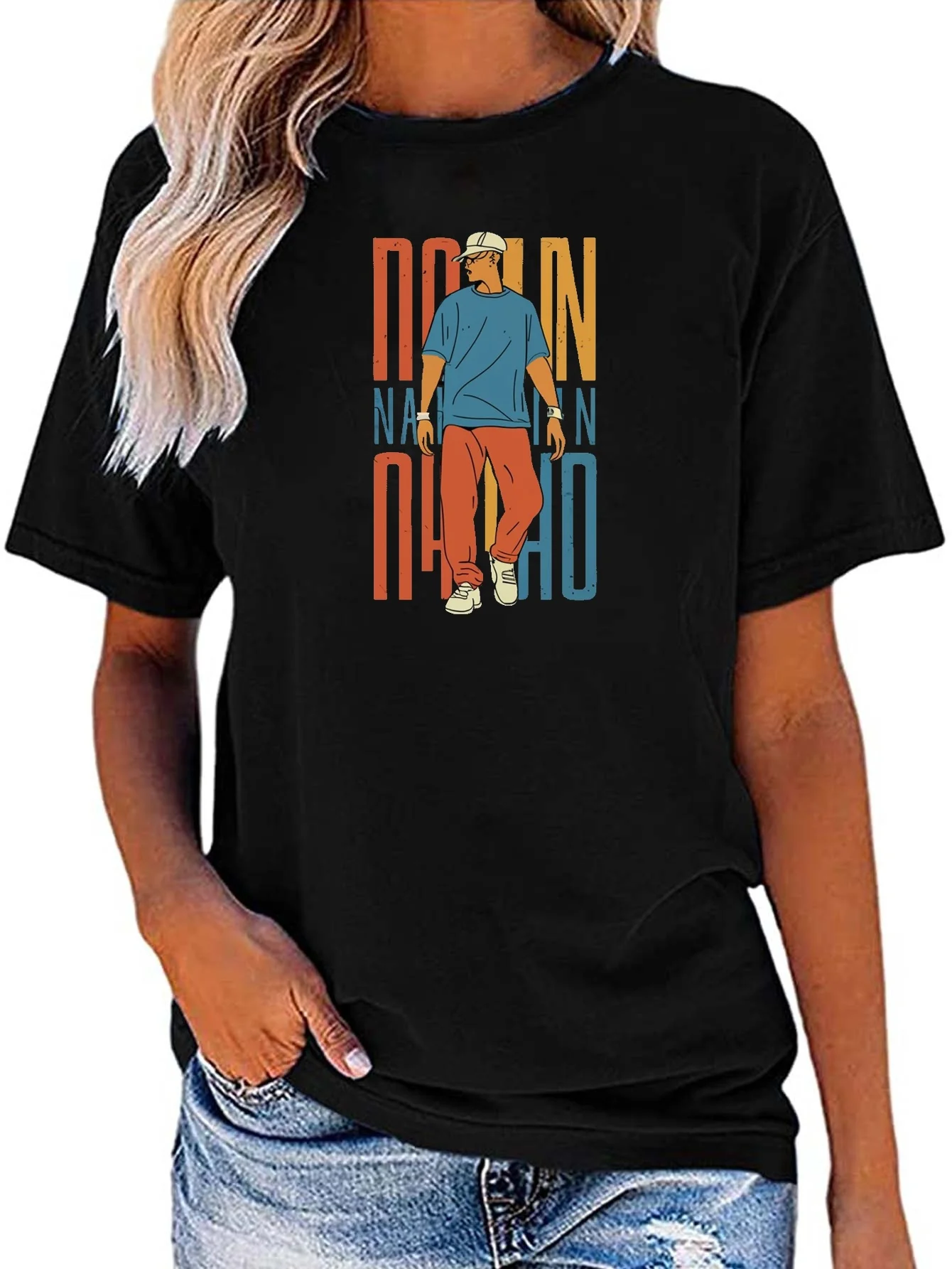 

Figure Print Crew Neck T-shirt, Casual Short Sleeve Top For Spring & Summer, Women's Clothing