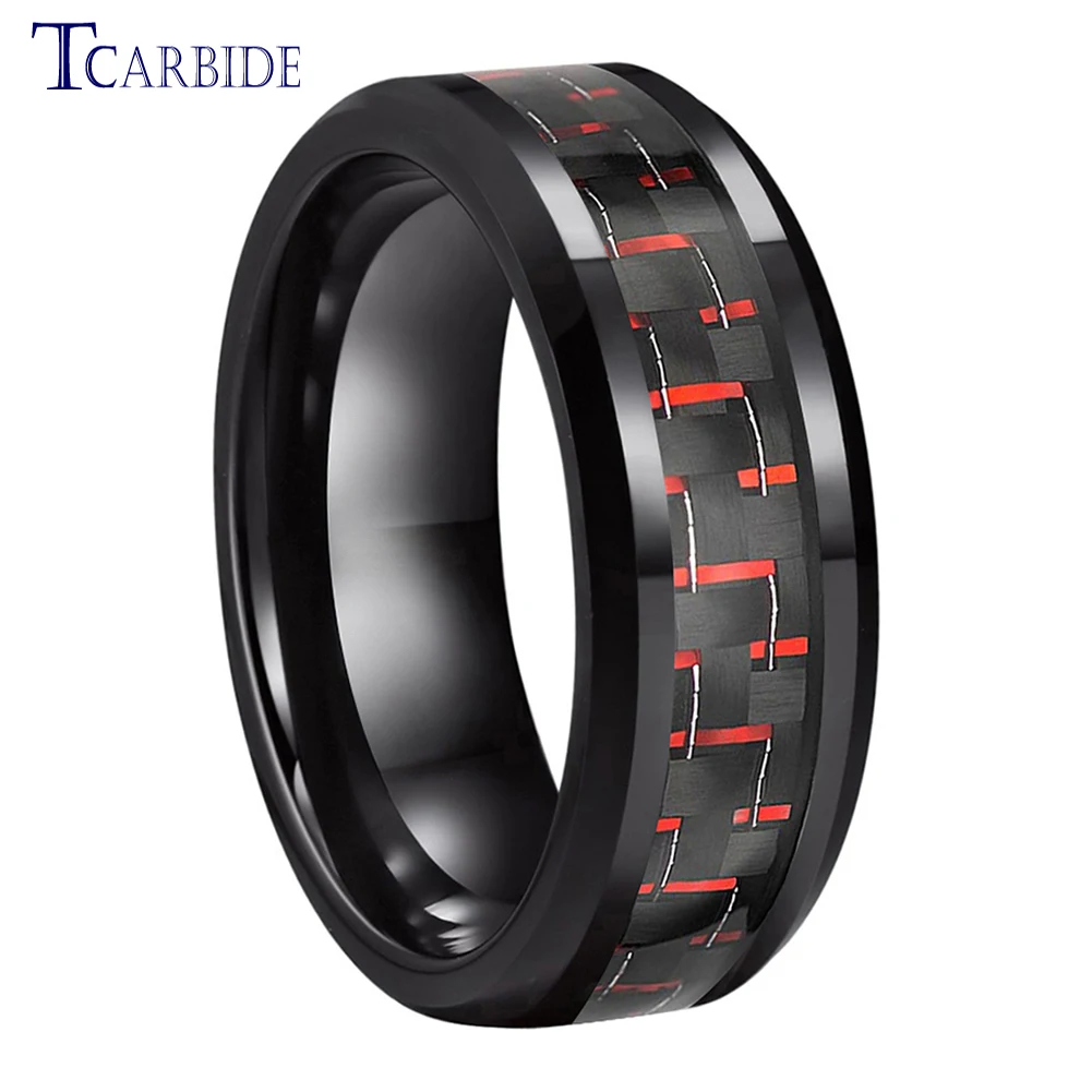 6MM 8MM Carbon Fiber Ring Men Women Classic Tungsten Wedding Band Beveled Polished High Quality Comfort Fit