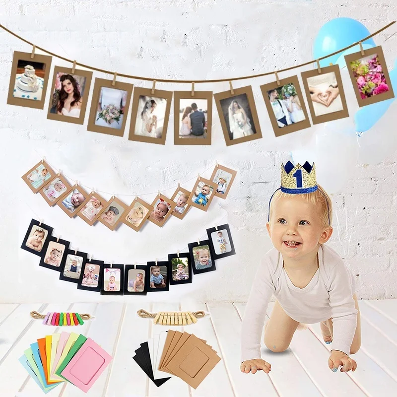 10 Pcs Combination Paper Frame with Clips DIY Kraft Paper Picture Frame Hanging Wall Photos Album Rope Home Decoration Craft
