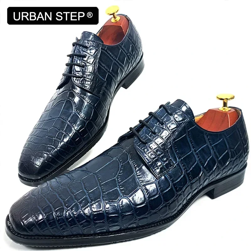 URBAN STEP ITALIAN MEN LEATHER SHOES BLUE BLACK CROCODILE PRINT LACE UP CASUAL DRESS MAN SHOE OFFICE WEDDING SHOES FOR MEN