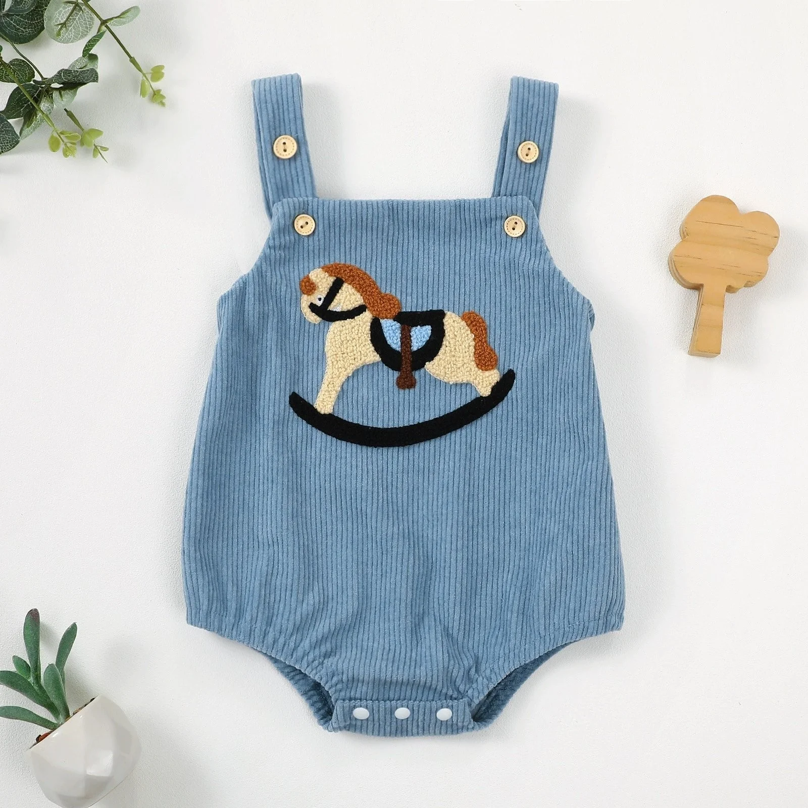 0-18M Summer Unisex Baby Girls Boys Ovrealls Rompers Rocking Horse Embroidered Sleeveless Corduroy Infant Snap Bodysuits