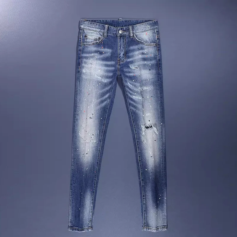 Street Fashion Men Jeans High Quality Retro Blue Stretch Skinny Fit Ripped Jeans Men Painted Designer Hip Hop Brand Pants Hombre