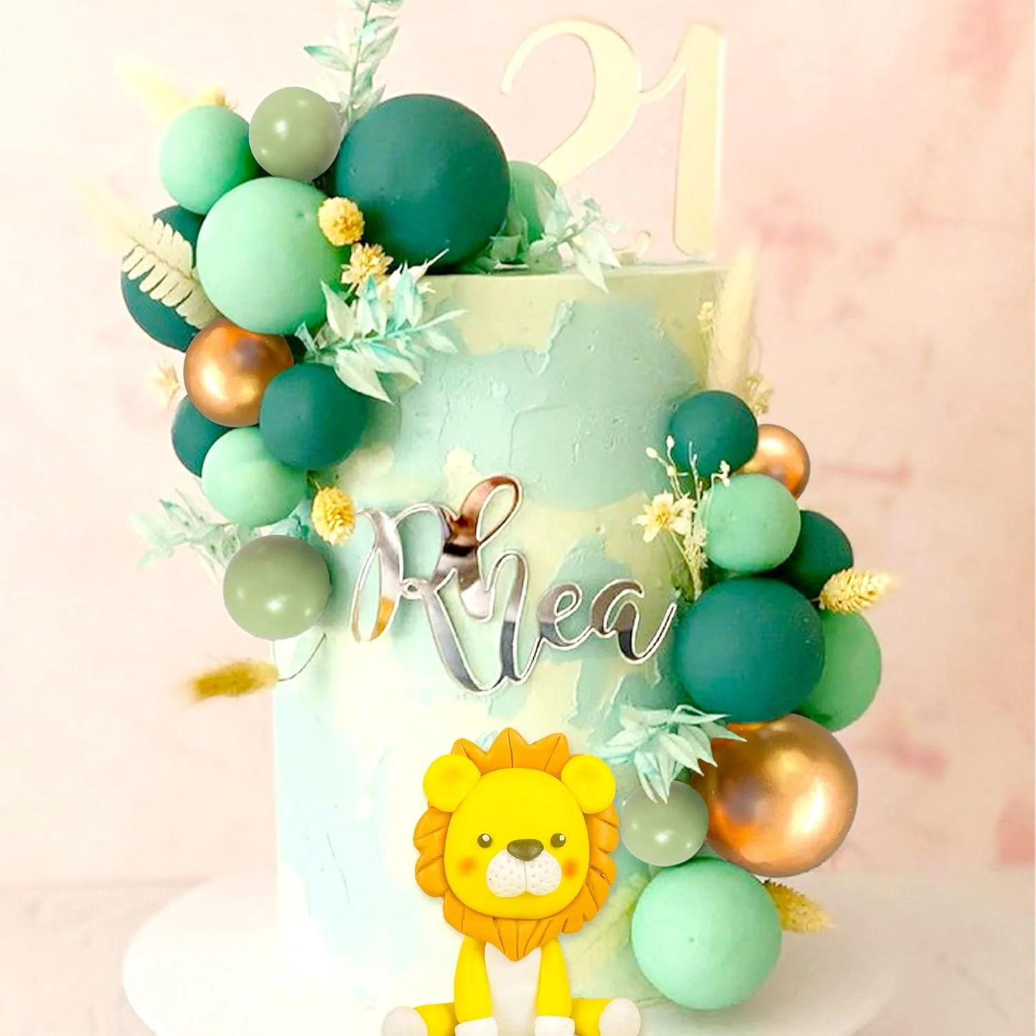 Cake Toppers 21pcs Lion Cake Topper Sage Green Cake Topper Balls for Wild One Birthday Decoration Jungle Theme Baby Shower Decoration