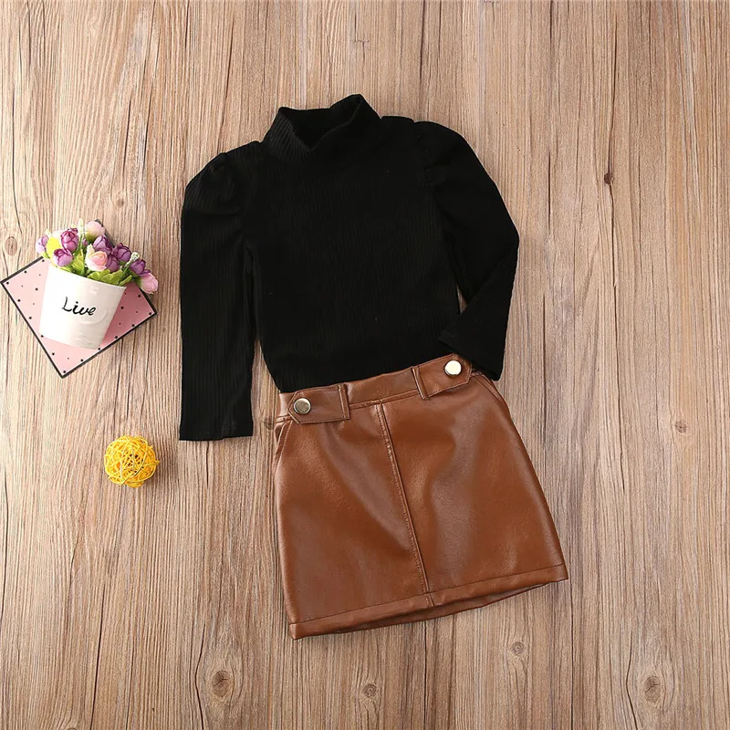 Girls Turtleneck Sweater & Leather Skirt Set 2