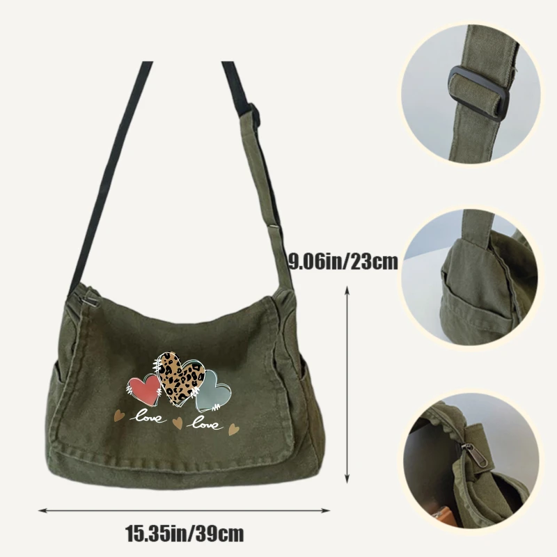 Fashion Women's Shoulder Bag Leopard Print Heart Canvas Crossbody Bag Large Capacity Messenger Bag
