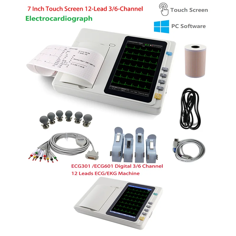 7 Inch Touch Screen 12-Lead 3-Channel ECG/EKG Machine Electrocardiograph PC Analysis Software