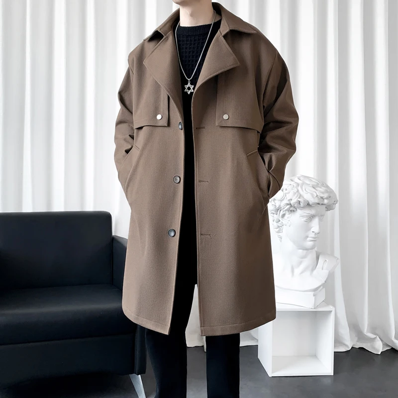 Autumn and Winter New Solid Color Men's Medium-length Tweed Coat Fashion Trend Casual Youth Lapel Warm Coat