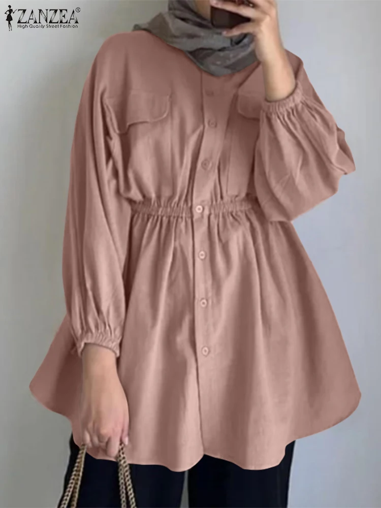 

Autumn Muslim Shirt 2023 ZANZEA Women Fashion Eid Mubarek Ramadan Blouse Vintage Solid Loose Tops Drawstring Waist Blusas Mujer