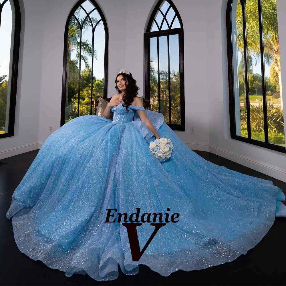 Vendanie Glamorous Tulle Quinceanera Dress Off The Shoulder Rhinestones Cathedral Train Robe Princesse Bleu Femme Customized