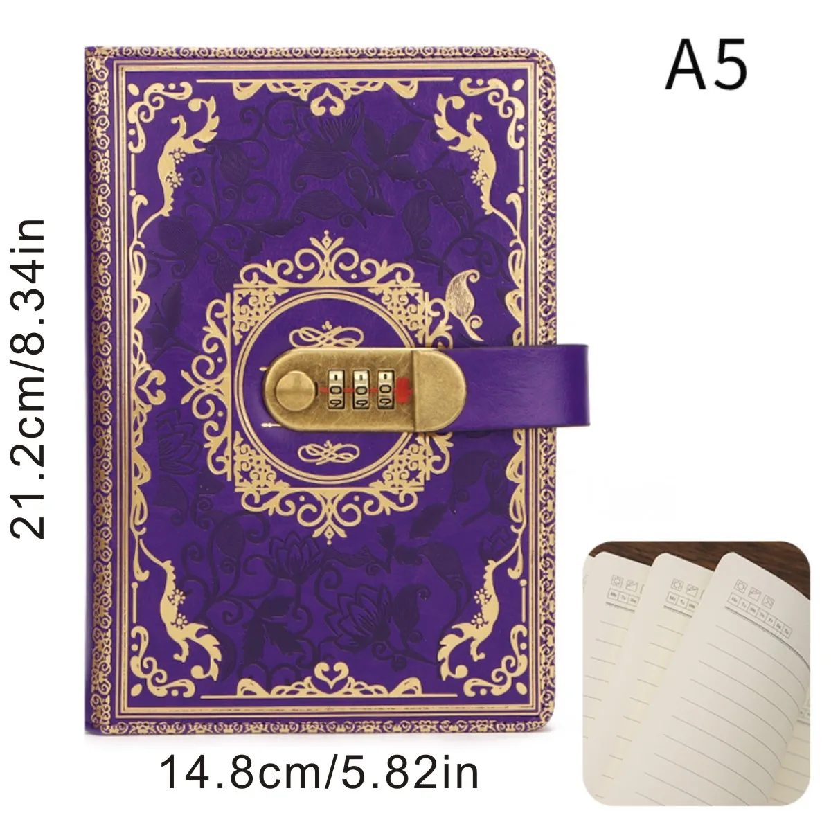 Ein 5-reihiges Retro-Passwort-Tagebuch mit Schloss, verdicktes, luxuriöses, kreatives Handbuch, Studententagebuch, Schreibwaren – Detail 7