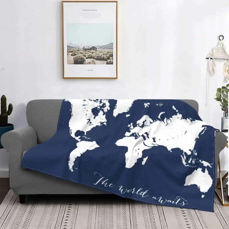 

World Map Theme Pattern Flannel Throw Blanket All Season Bedspread King Queen Size Soft Warm Lightweight for Home Decor Travel