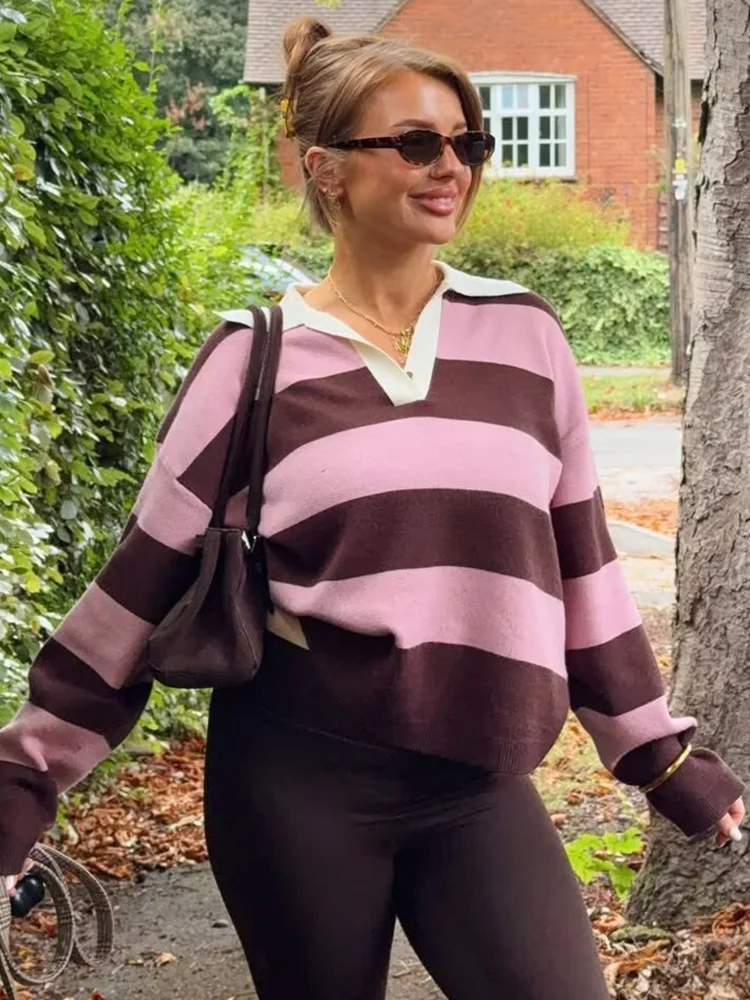 Women Striped Long-sleeved Sweater Fashion Polo Collar Loose Pullover Tops Casual Spring Autumn Ladies Long Sleeve Sweater