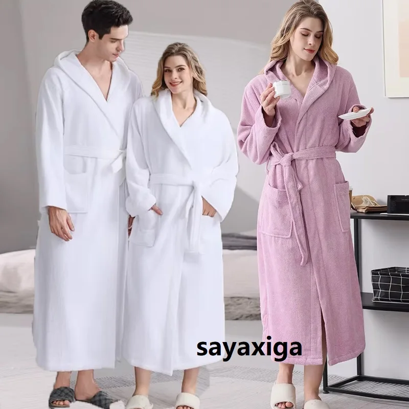 Hooded Bathrobe Men Cotton Hooded Women Sleepwear Nightgown Towel Fleece Thick Long Soft Autumn Winter White Home Hotel robe