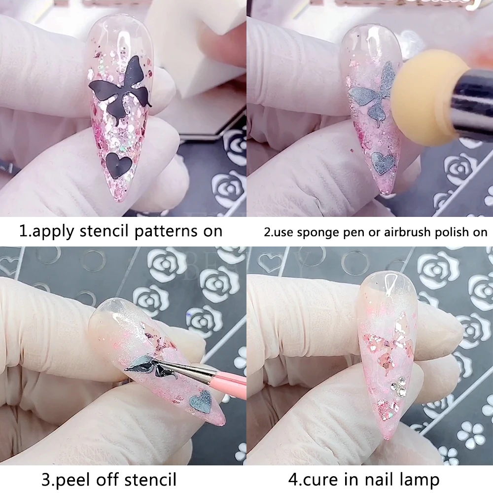 1 Stück Airbrush-Schablone für Nägel, Liebesherz/Schmetterling/Bär/Sterne, Airbrush-Vorlagen, französischer Farbverlauf, Halo-Färben, Maniküre-Template – Detail 1