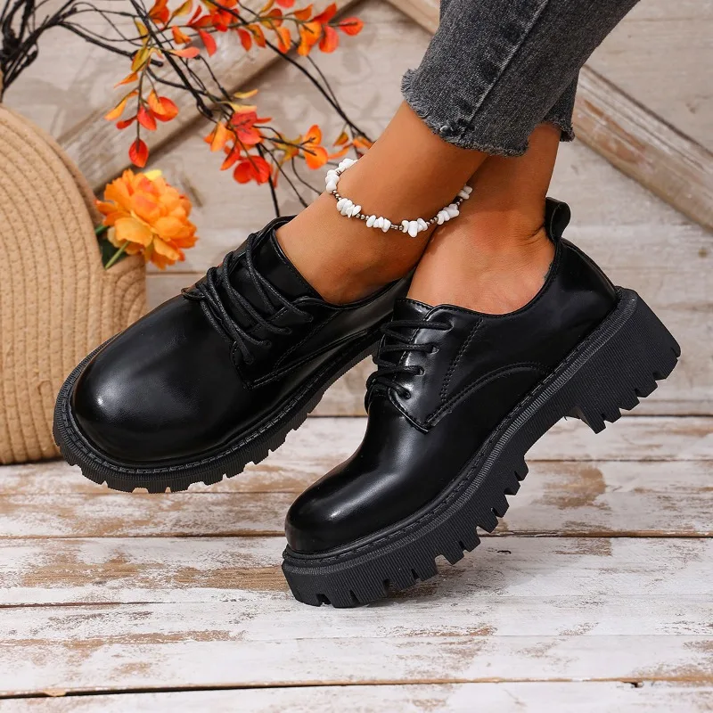 British Style Platform Loafers Women 2025 Plus Size Round Toe Single Shoes Woman Thick Bottom Pu Leather Oxfords Zapatos Mujer