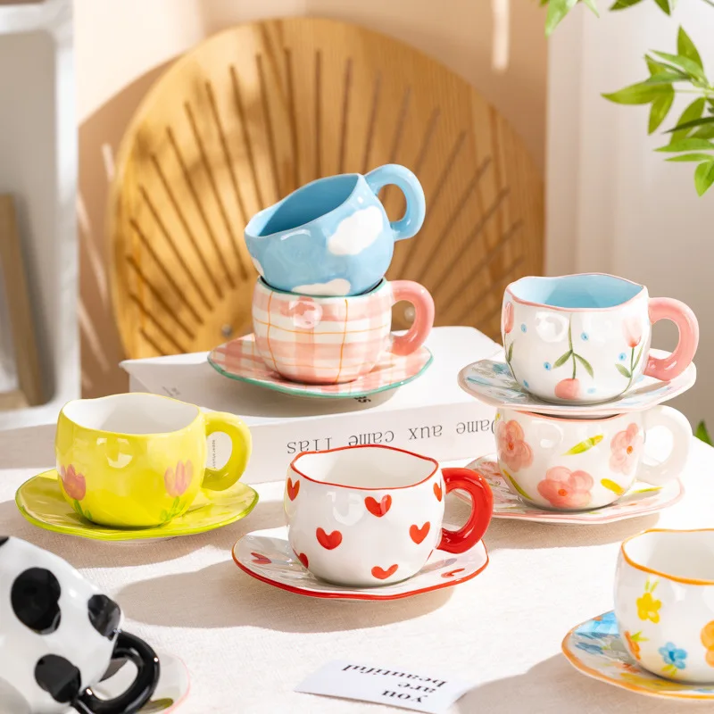 

1Set Hand-painted Ceramic Cup Creative Coffee Cup Saucer Irregular Handmade Cute Mug Flower Water Cups Wholesale Gift Drinkware