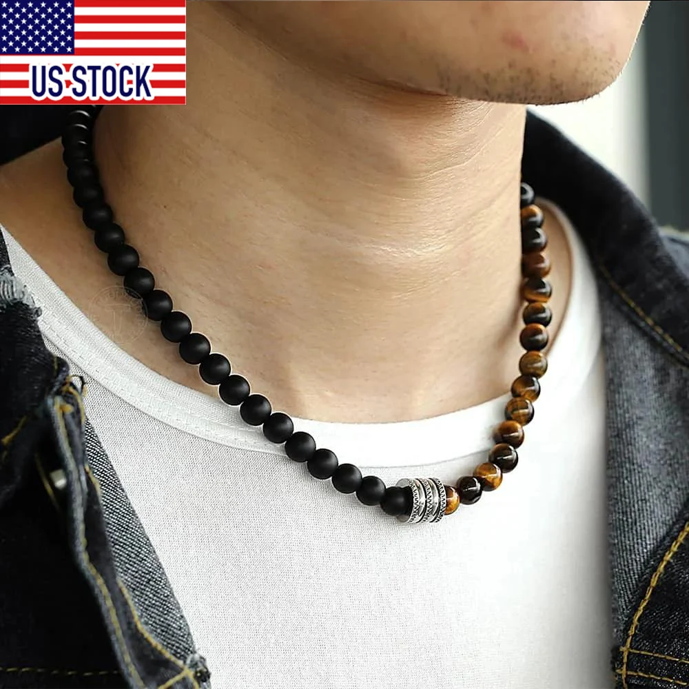 Natural Tiger Eye Stone Bead Necklace for Men Women