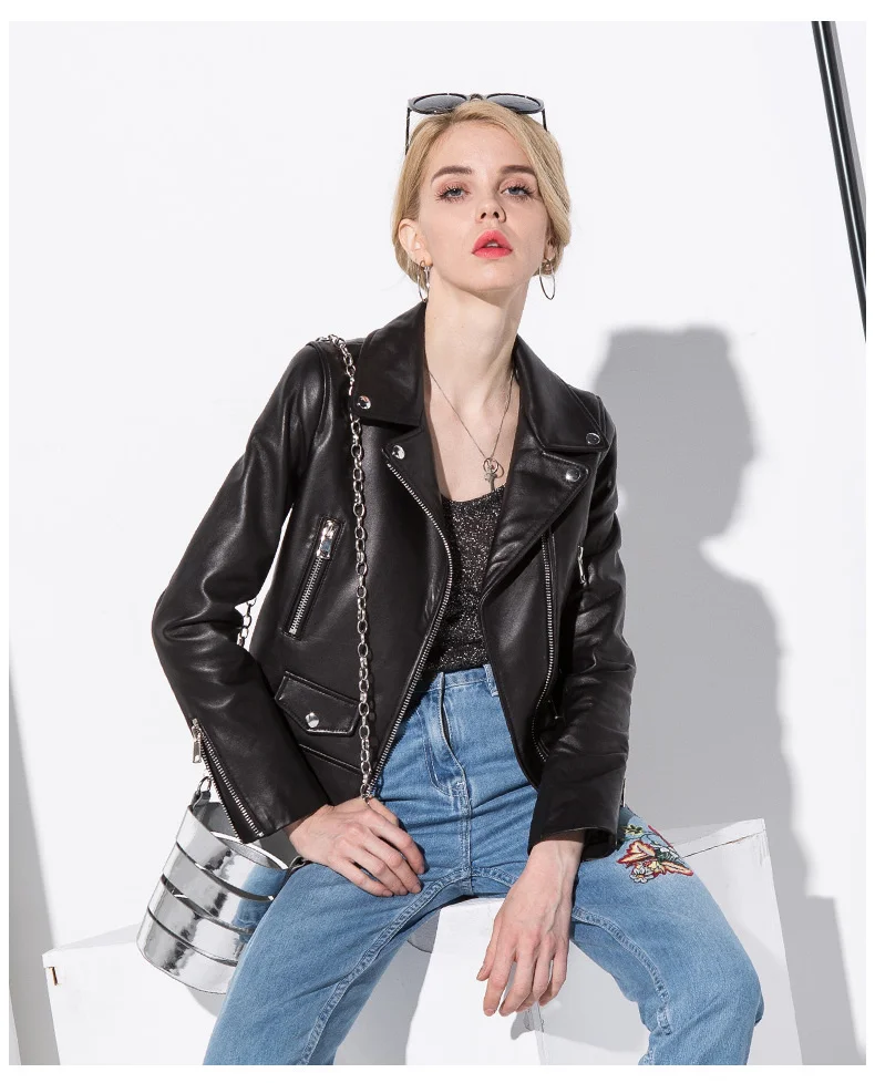 

2023 Spring Genuine Leather Jacket Women Fashion Real Sheepskin Coat Rivet Motorcycle Jacket Female Sheep Leather Coat