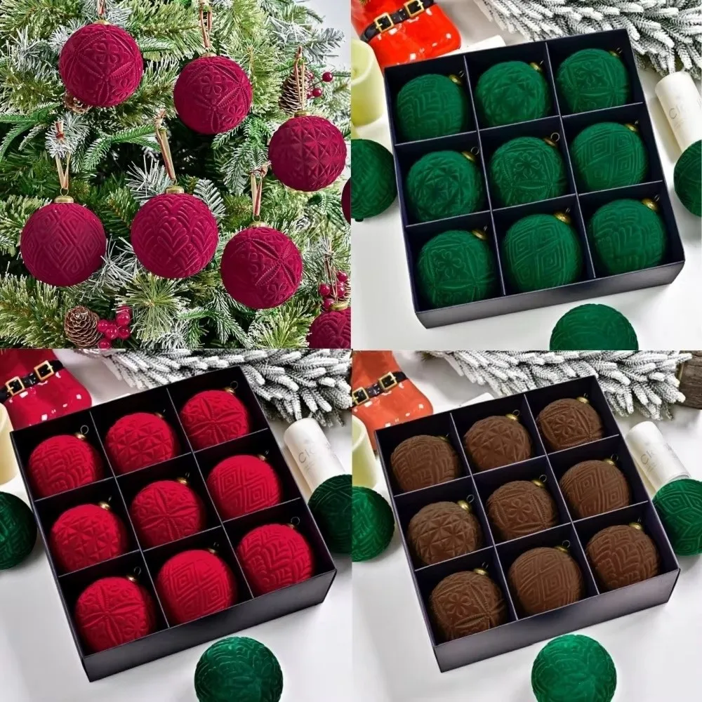 9pcs 10cm Christmas Hanging Balls Flocking Vintage Velvet Christmas Balls Shatterproof Plastic Christmas Spheres