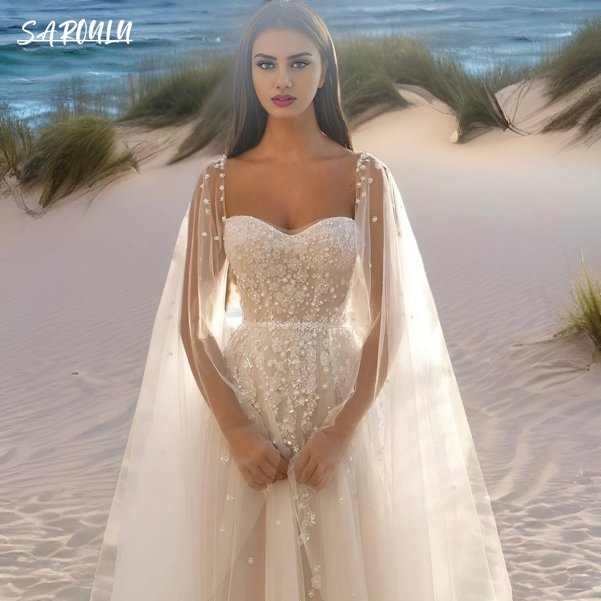 

Modern Lace Pearl Wedding Dresses For Woman Appliqued Bride Dresses With Long Cap Sleeves Bridal Gown Vestidos De Novia