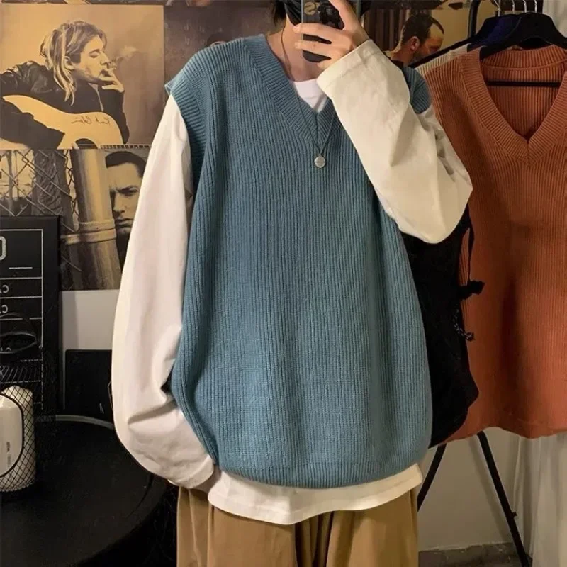 thumbnail image 1 of Suéter de punto para hombre, sin mangas, ropa para hombre, color liso, chaleco, cuello en V, azul, talla grande, moda urbana coreana, 1 of 4