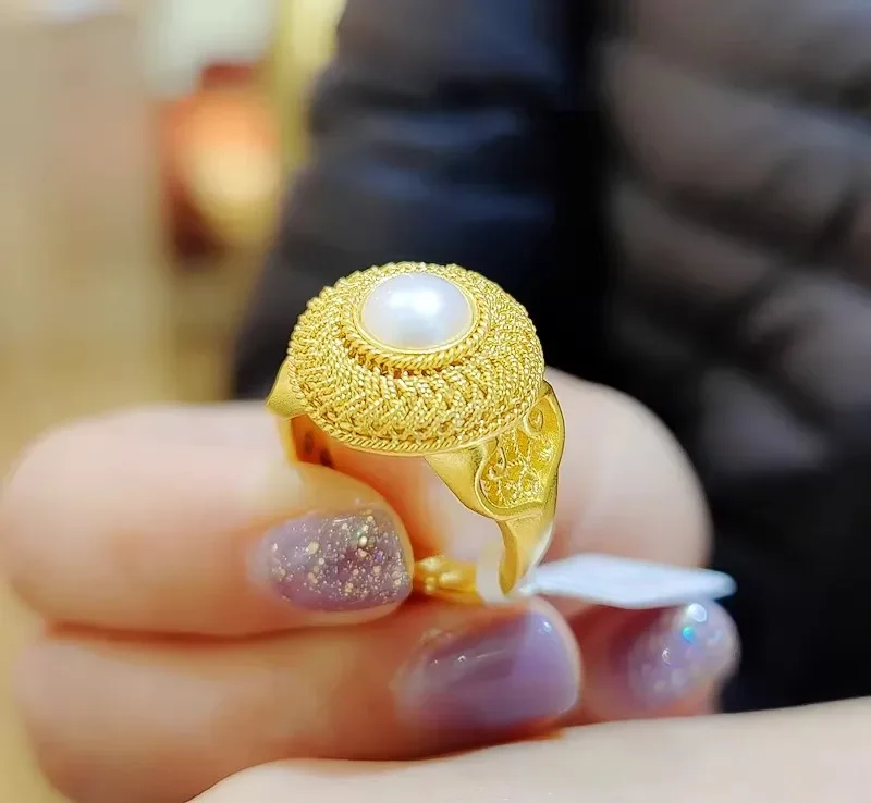 Boutique 24K real gold New Chinese retro silk Pearl Ring au9999 Gold ancient fashion ring index finger ring