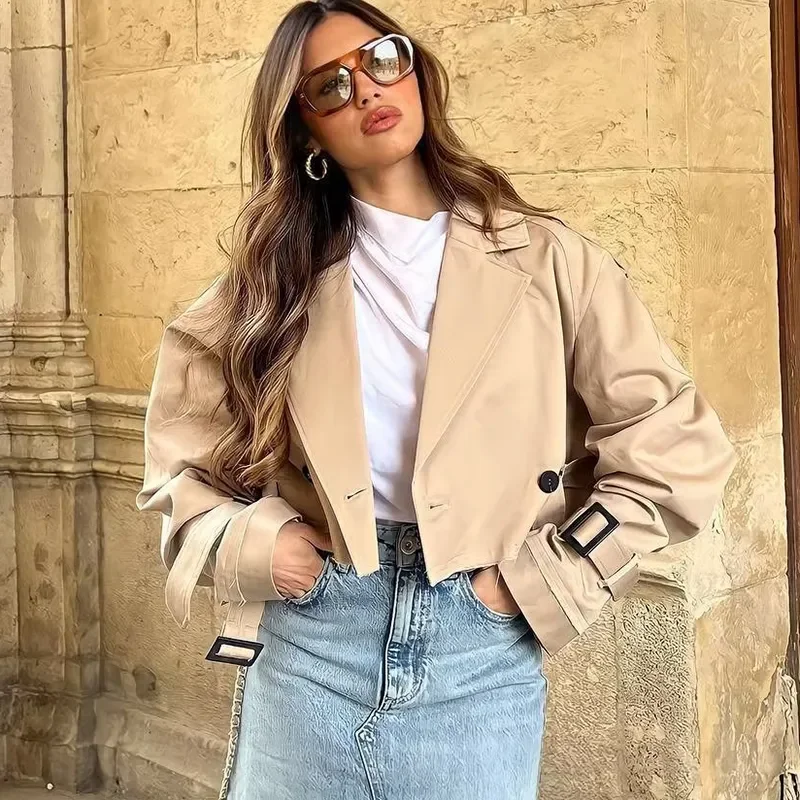 Belt Cropped Trench Jacket Women Autumn Fashion Vintage Streetwear Double Breasted Long Sleeve Top Female Chic Lady Coat Outfits
