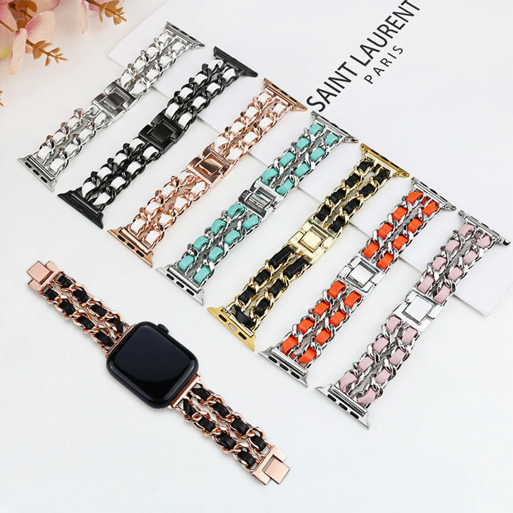 Metal + Leather Strap for Apple Watch 45mm 41mm 44mm 40mm 42mm 38mm Women's Fashion Bracelet Wristband for iWatch Series 87654SE