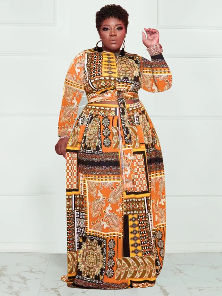 

ZJFZML ZZ Plus Size Tracksuit 2 Piece Skirt Sets Paisley Bandanna Print Long Sleeve Bandage Crop Top and High Waist Maxi Dresses