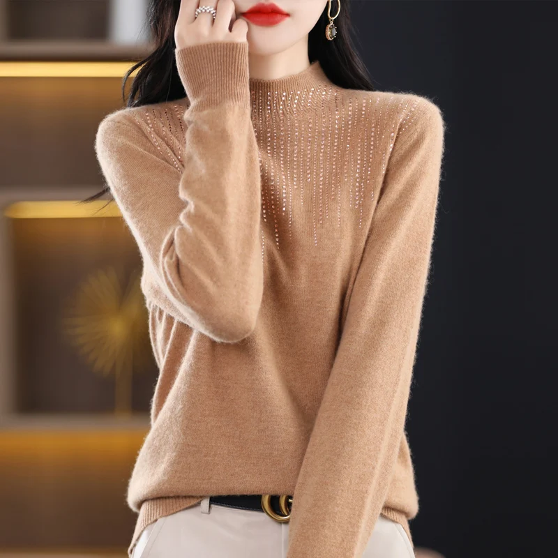 

100% Pure Wool Knit Women's Pullover Sweater Half Turtleneck Inlaid With Diamond Solid Color New Fall/Winter Fashion Top