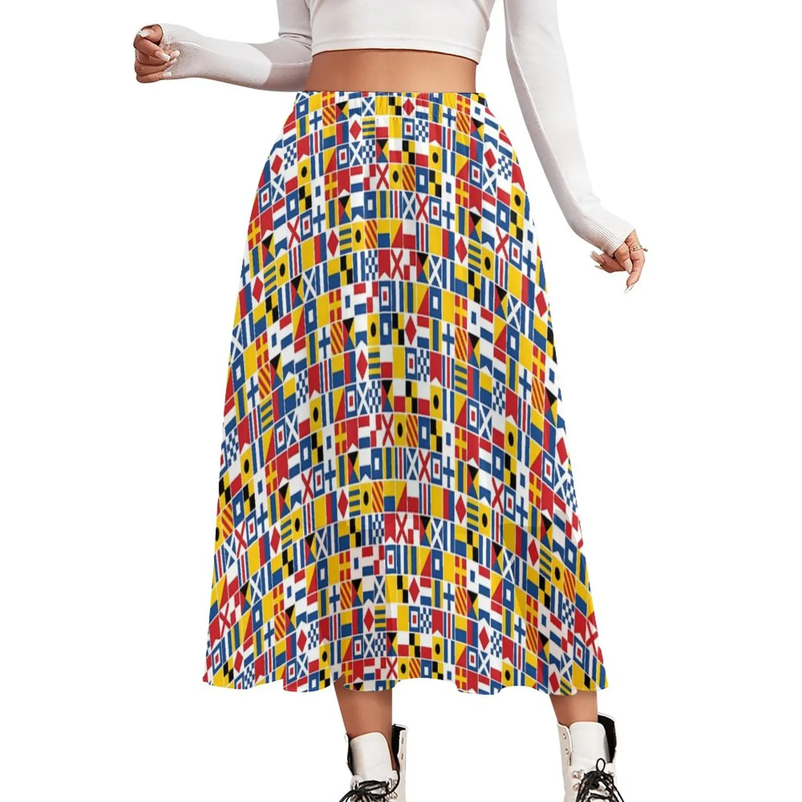 

Flags Print Chiffon Skirt Nautical Signal Street Style Long Skirts Female Cute A-line Skirt Graphic Clothing Gift