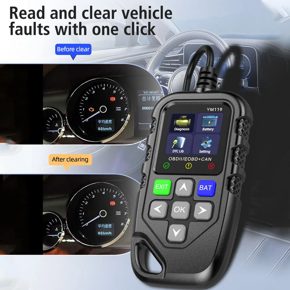 Multi-language OBD2 Code Reader Work for all cars YM119 Car Auto Diagnostic Tool Clear/Erase Codes OBDII Scanner 3