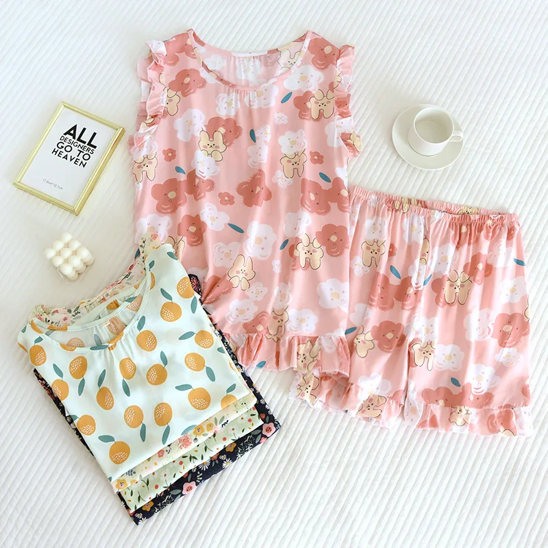 

Пижамный комплект Женский из хлопка и шортов, тонкие пикантные шорты без рукавов, домашняя одежда, милый женский костюм из вискозы, одежда для сна, лето 2023