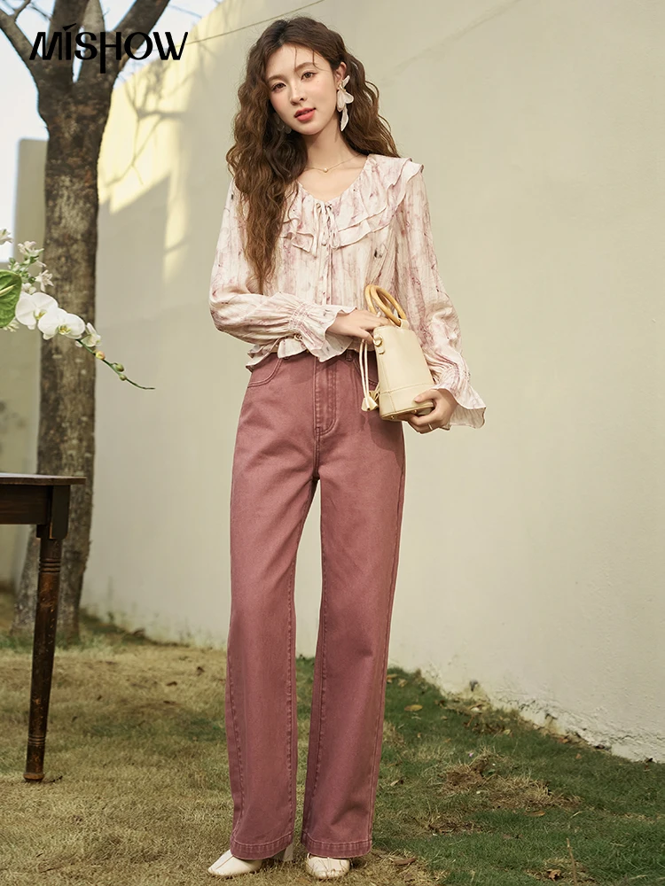 MISHOW 100% Cotton Wide-leg Straight Jeans for Women Baggy High Waist Pants Woman 2024 Spring Autumn Fashion Trousers MXD11K0543