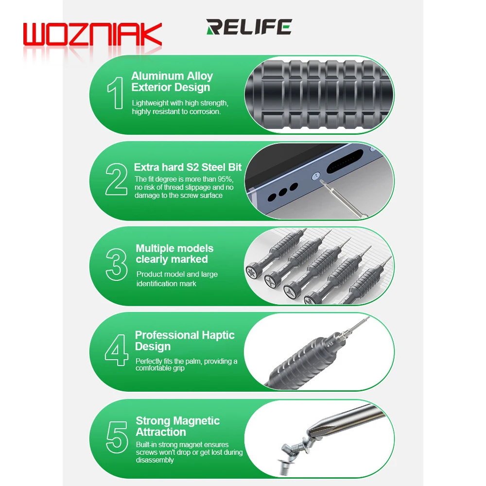 RELIFE RL-730 스틸 캐논 킹 클래식 시리즈 스크루드라이버, Y0.6, 0.8, + 1.5, + 2.5, T1, 휴대폰, 태블릿, 컴퓨터 분해용