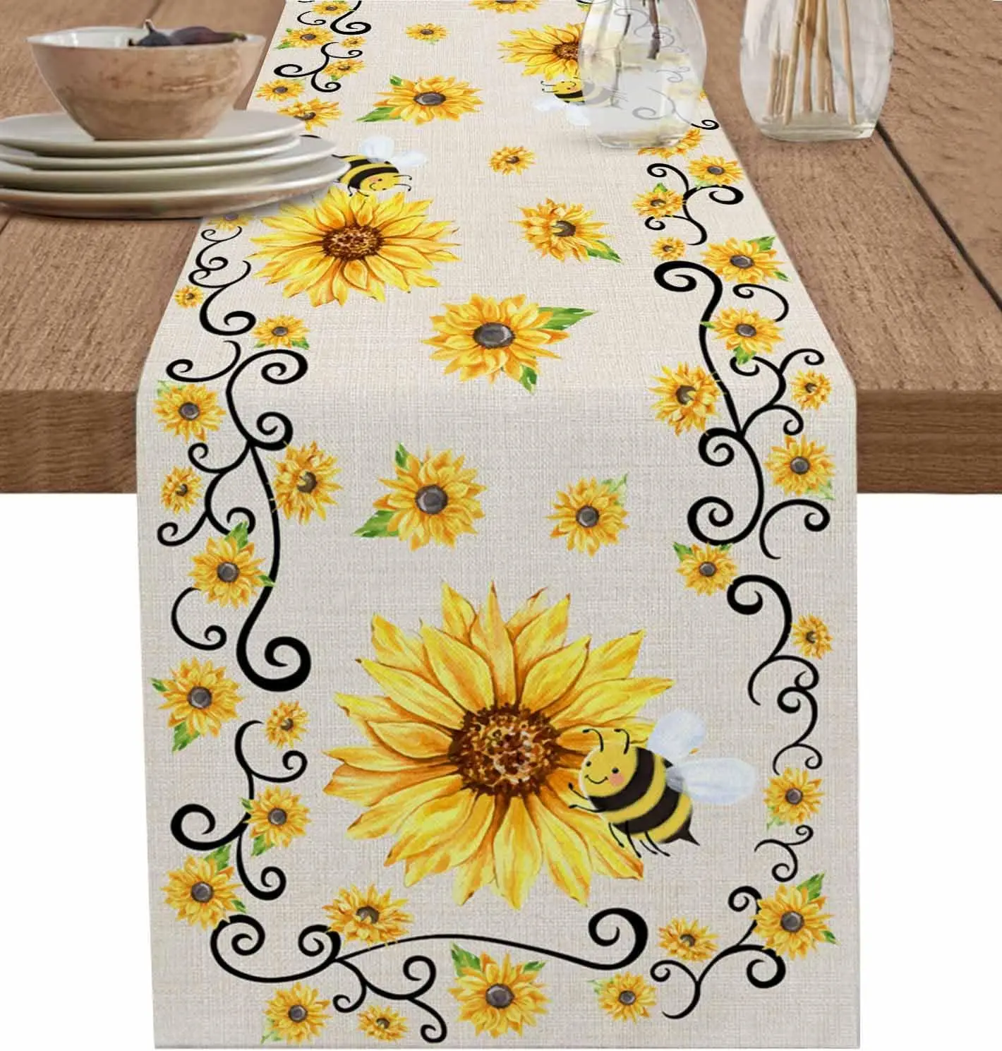 

Летний желтый подсолнух, пчела, льняные скатерти, стол в фермерском стиле, комод, шарф, декор для стола, Свадебная вечеринка, домашний обеденный стол, Декор