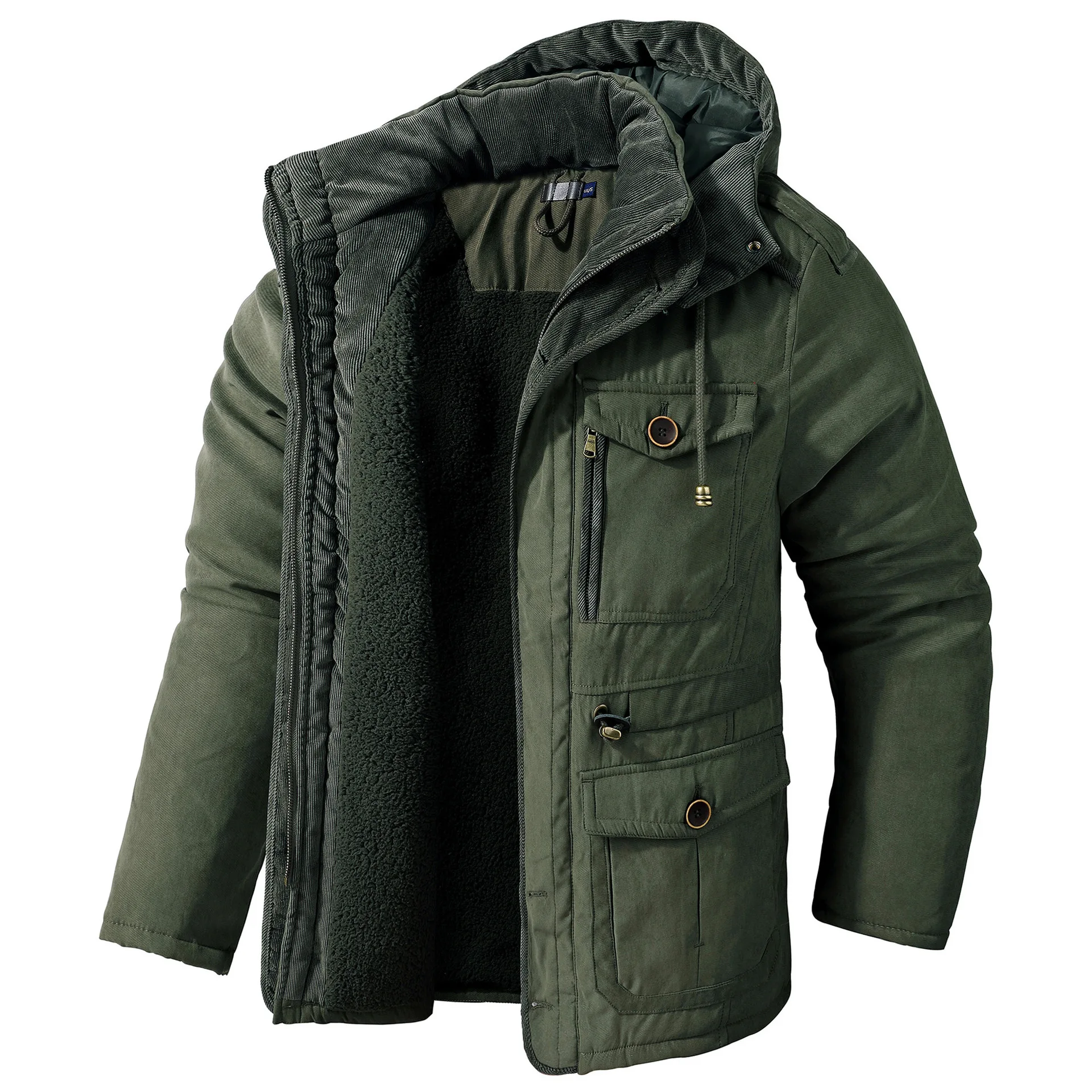 2023 New Men's Large Lamb Fleece Hooded Cotton Jacket Thickened Multi Pocket Cotton Top Casual Mid Length Coat