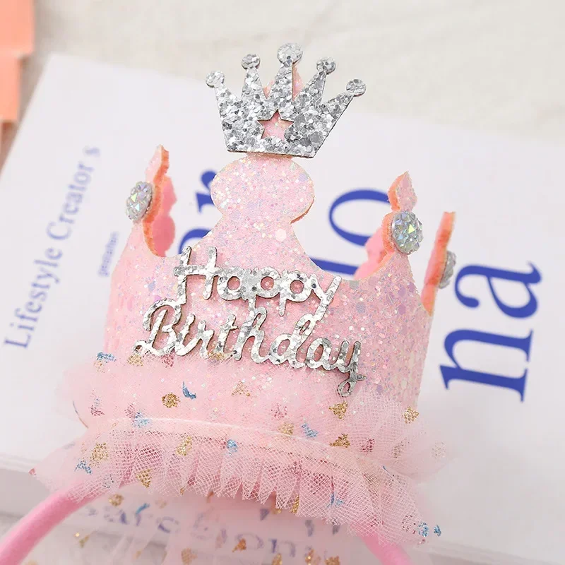 1 Pc 크라운 콘 거즈 머리띠 공주 스타일 생일 파티 모자를 쓰고 있죠 스팽글 생일 축하 헤어 액세서리 소녀 선물