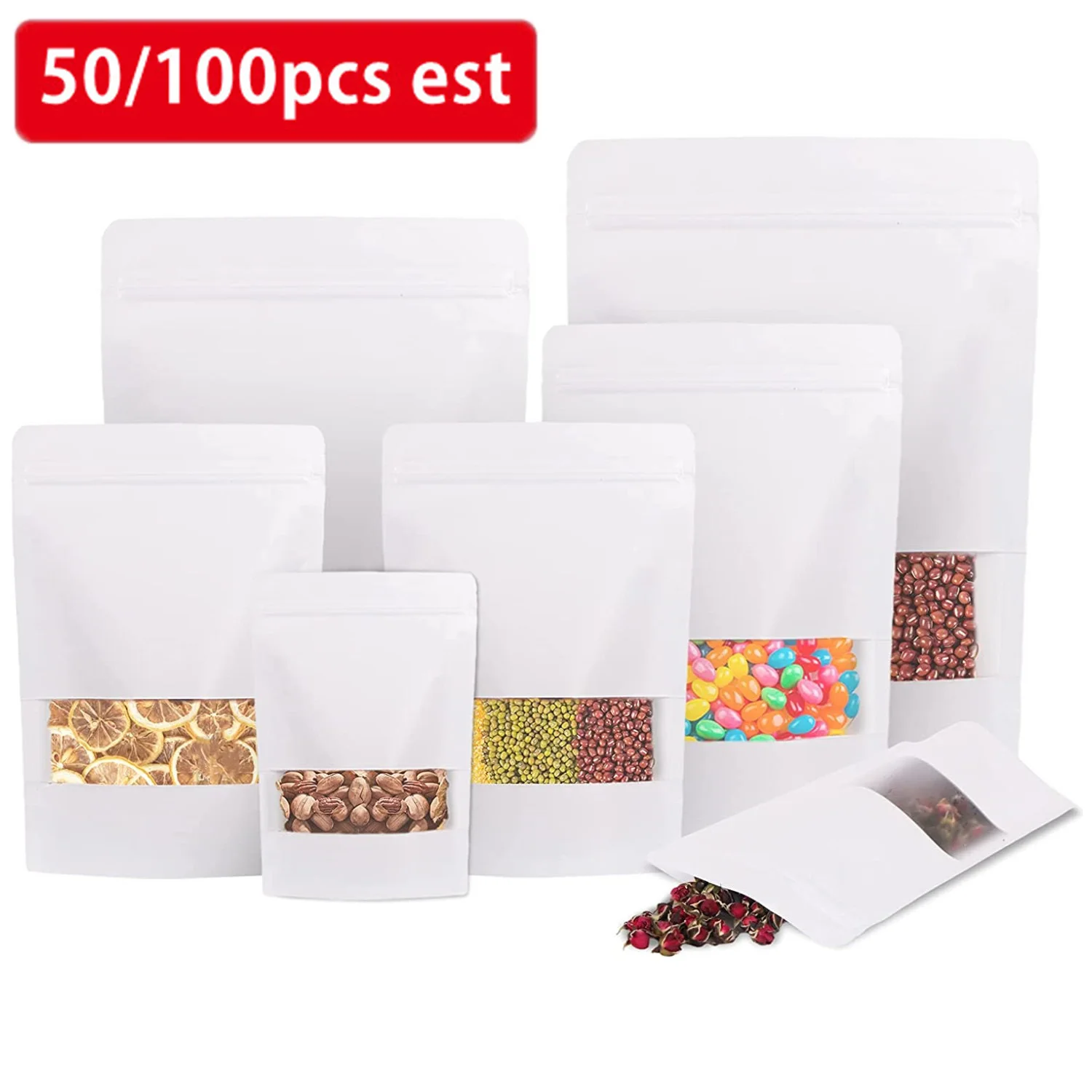 

Kraft Paper Bags With Seal 50/100 Pcs Biscuit Fruit Packaging Bag White With Transparent Window Food Zipper Lock Ziplock Bag