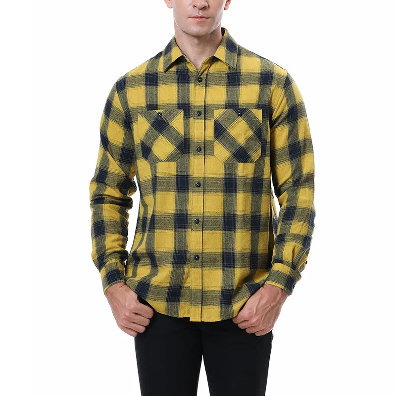 

Autumn Winter New Men's Clothing Turn-down Collar Long Sleeve Tee Shirt Panel Plaid Pocket Shirt Fashion Business Casual Tops