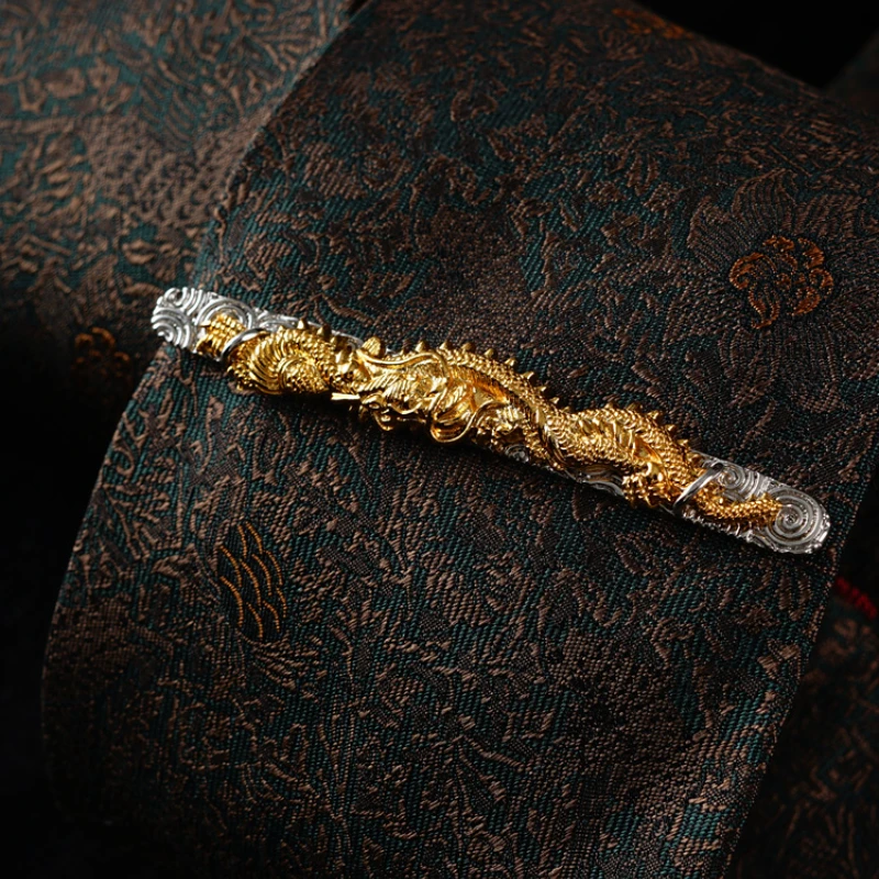 

Xiaolong 80s античный Винтажный зажим для галстука с панорамным драконом Xiangyun 3D рельефный позолоченный зажим для воротника ручная резьба богий зверь
