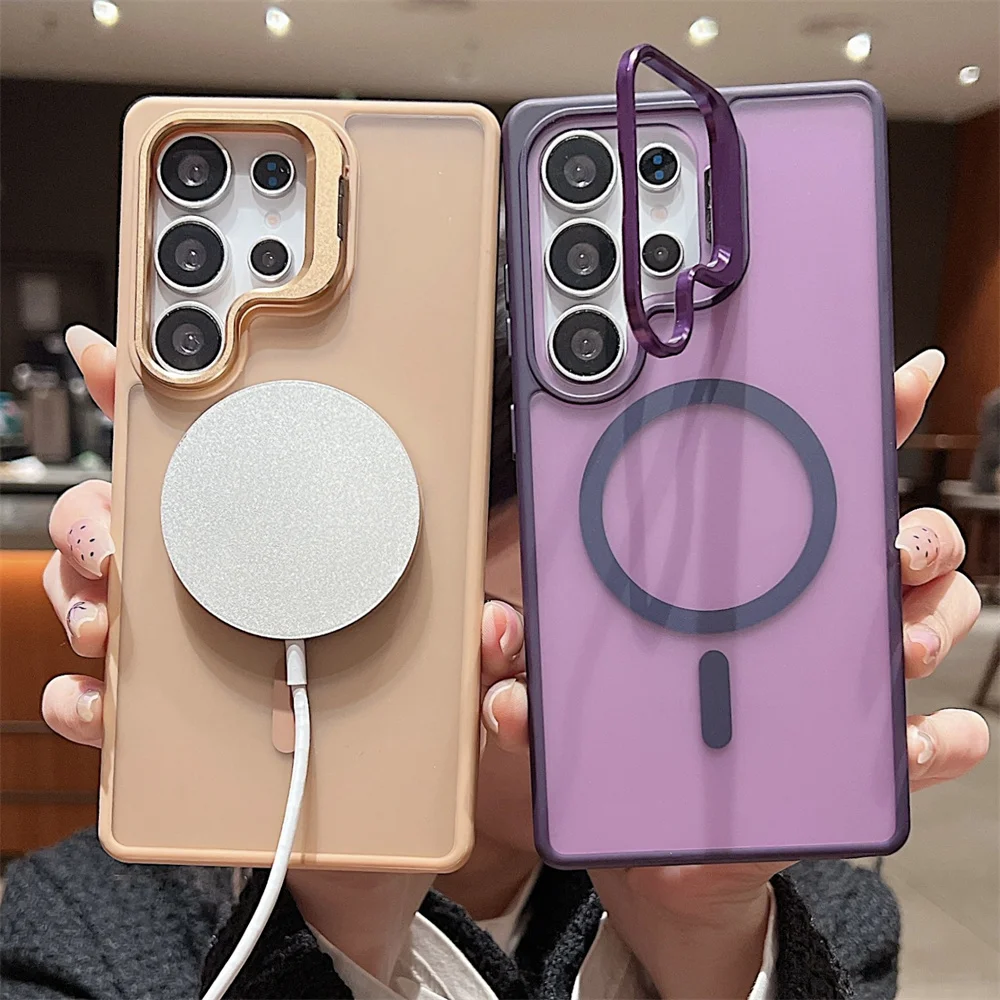 MagSafe Matte Magnetic Phone Case with Flip Lens Bracket & Wireless Charging Cover