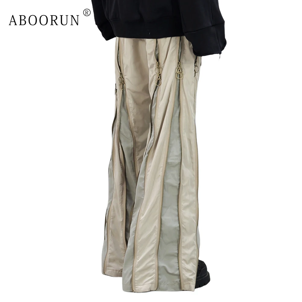 ABOORUN Men Functional Zippers Patchwork Pants Streetwear Archive Flared Trousers for Male